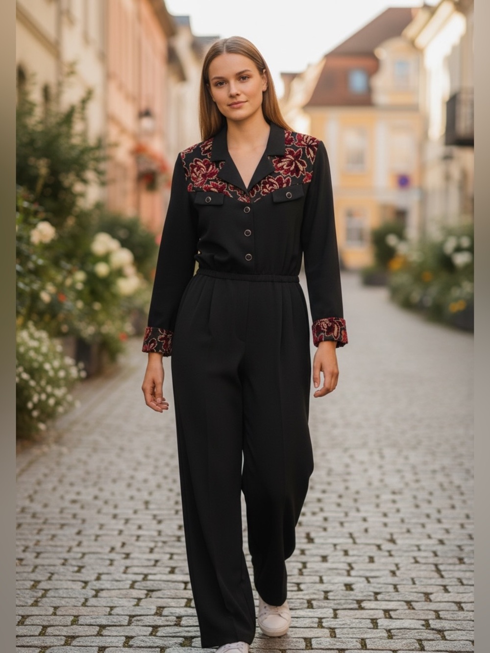 Vintage J.S.J. Petite Black Jumpsuit with Burgundy Floral Velvet Flower
